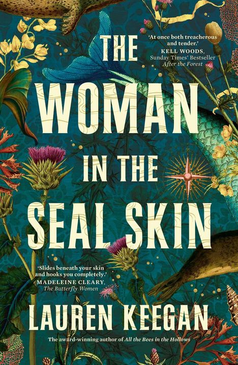 "The Woman in the Seal Skin" von Lauren Keegan. Illustration mit Meerestieren, Pflanzen und einem Kompass auf blauem Hintergrund.