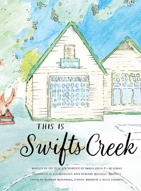 "This is Swifts Creek" steht auf einer Illustration eines hellen Hauses mit grünen Akzenten, umgeben von Bäumen.
