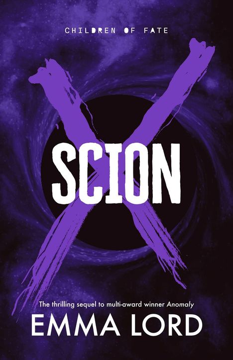 "SCION" in großen weißen Buchstaben auf lila Hintergrund, darüber "CHILDREN OF FATE". Darunter "EMMA LORD" und kleiner Text.