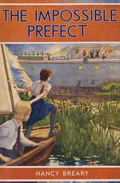 „THE IMPOSSIBLE PREFECT“ und „NANCY BREARY“: Illustration eines Mädchens auf einem Boot, das ein größeres Schiff beobachtet.
