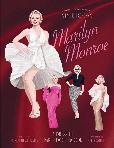 "Marilyn Monroe" in rosa Schrift. Illustration mit vier stilvollen Darstellungen von Marilyn Monroe in verschiedenen Outfits.