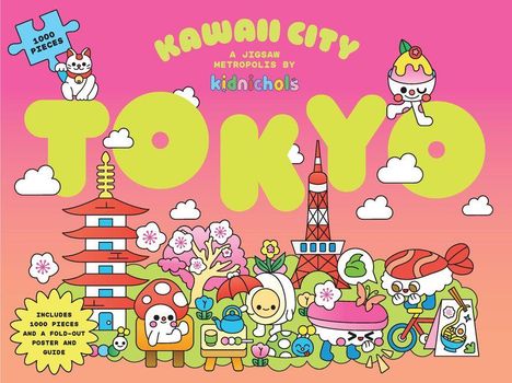 Text: KAWAII CITY TOKYO, includes 1000 pieces, a puzzle von kidnichols. Illustration mit niedlichen Charakteren und Symbolen.