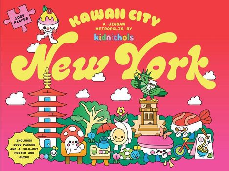„New York“ in gelber Schrift, darüber „Kawaii City“. Cartoon-Illustration mit niedlichen, bunten Figuren und Gebäuden.