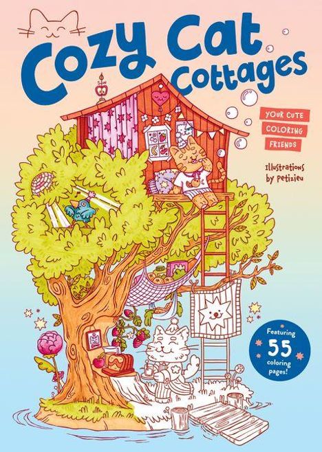 "Cozy Cat Cottages" in blauer Schrift. Illustration eines Baumhauses mit Katzen, farbenfroh und verspielt gestaltet.
