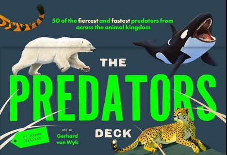 "50 of the fiercest and fastest predators from across the animal kingdom. THE PREDATORS DECK." Illustrationen von Tieren.