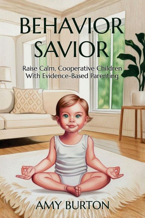 "BEHAVIOR SAVIOR" und "Raise Calm, Cooperative Children With Evidence-Based Parenting". Kind in Yoga-Pose im Wohnzimmer.