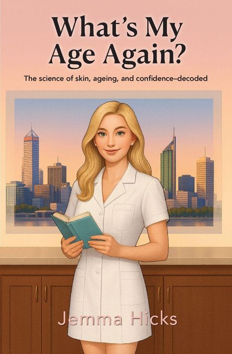 „What’s My Age Again?“ und „Jemma Hicks“. Illustration: Frau in weißem Kittel hält ein Buch, Stadtlandschaft im Hintergrund.