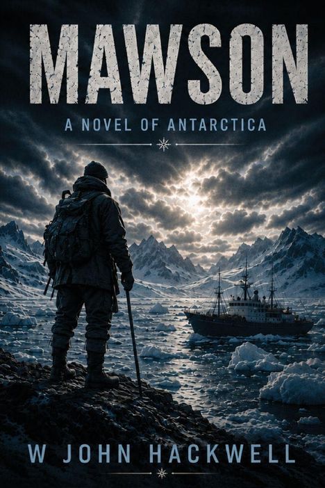 "MAWSON: A NOVEL OF ANTARCTICA. W JOHN HACKWELL." Illustration: Person in Winterkleidung betrachtet Schiff in eisiger Landschaft.