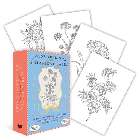 "COLOR-YOUR-OWN BOTANICAL CARDS. 10 monochrome Grußkarten." Box mit botanischen Ausmalmotiven von Blumen.