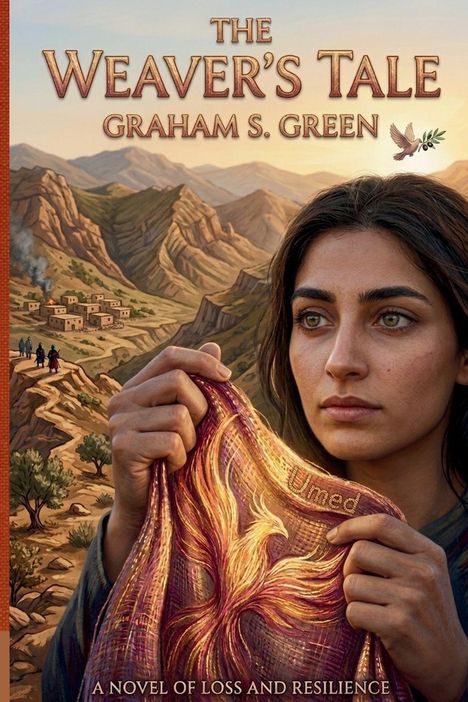 „The Weaver’s Tale“, Graham S. Green. Eine Frau hält ein Tuch mit einem Phönix-Motiv, im Hintergrund Berge und ein Dorf.