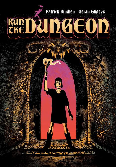 „Run the Dungeon“ oben, Figuren unten in Torbogen mit Fackel, stilisiertes, bedrohliches Monster über ihnen.