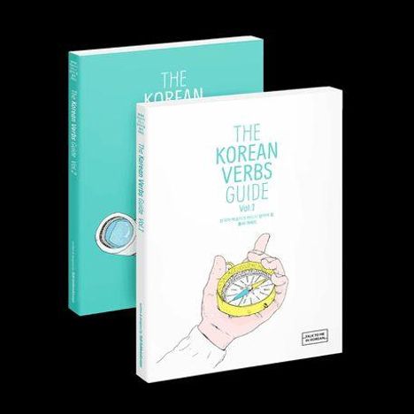 Text: "The Korean Verbs Guide Vol. 1". Illustration: Eine Hand hält einen Kompass. Zwei Bücher, eins in Weiß, eins in Türkis.