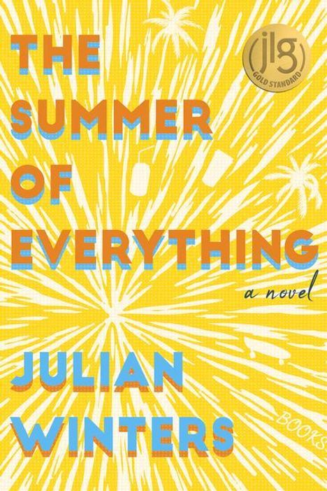 "The Summer of Everything", ein Roman von Julian Winters. Buntes Design mit gelbem Hintergrund, stilisierte Feuerwerke.