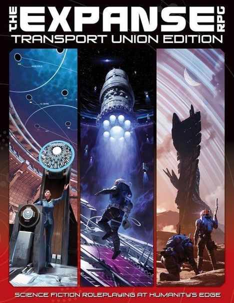 "The Expanse RPG - Transport Union Edition. Science fiction. Drei Szenen: Kontrolle, Raumschiff, Mondlandschaft."