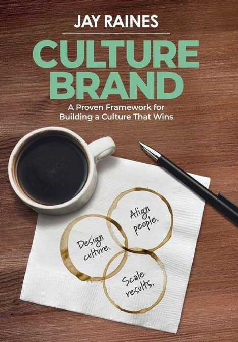 „Culture Brand. A Proven Framework for Building a Culture That Wins.“ Kaffeetasse, Stift, Serviette mit Kreisen und Texten.