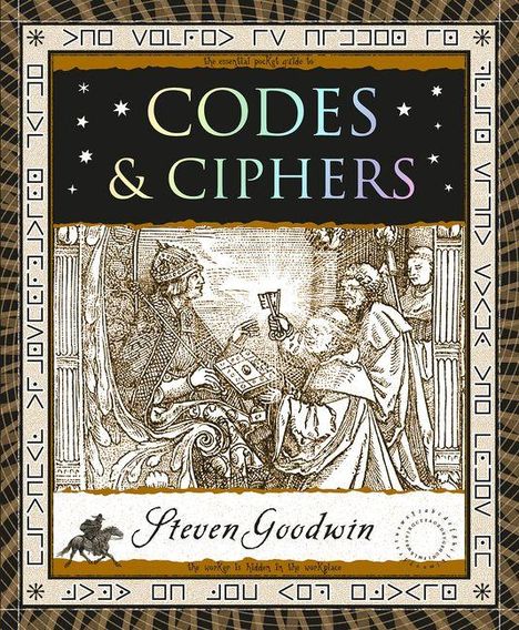 Text: "CODES & CIPHERS". Darunter, mittelalterliche Illustration von zwei Personen in Gewändern mit einem Buch.