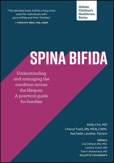 "Spina Bifida" in großen weißen Buchstaben auf dunkelblauem Hintergrund mit magentafarbenem Dreieck. Autoren unten.