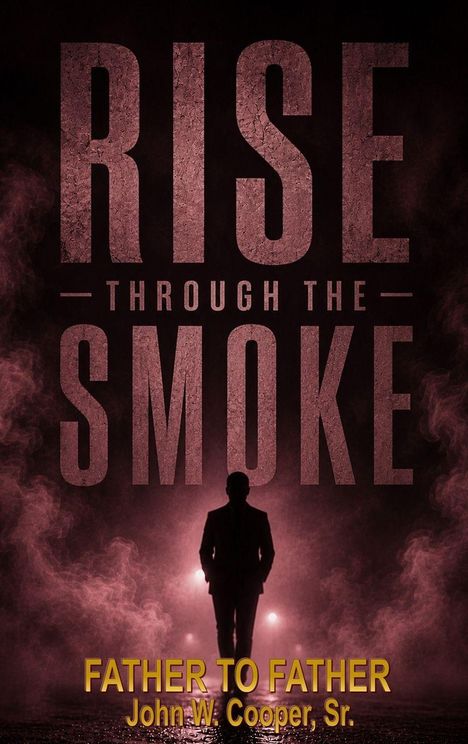 „RISE THROUGH THE SMOKE“ in großen Buchstaben, darunter „FATHER TO FATHER“ und „John W. Cooper, Sr.“. Silhouette eines Mannes im Rauch.