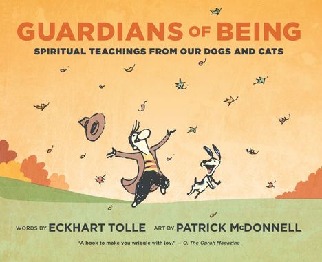 "Guardians of Being: Spiritual Teachings from Our Dogs and Cats" steht oben. Illustration von Mensch und Hund, die fröhlich tanzen.