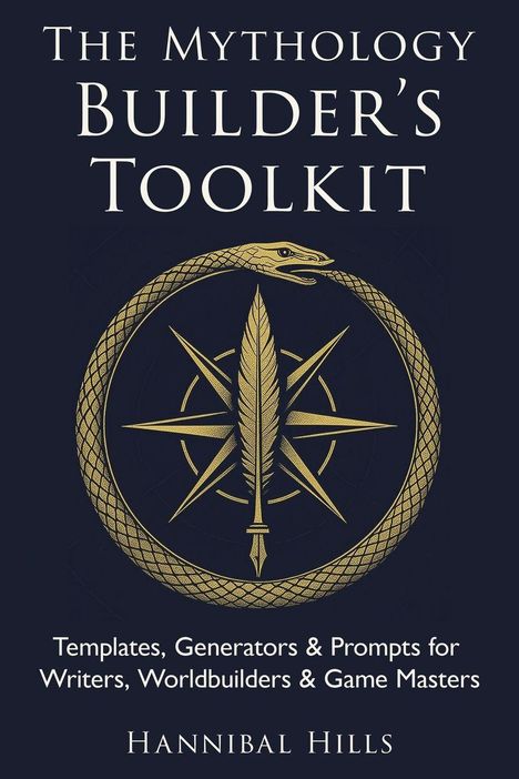 "The Mythology Builder's Toolkit" oben, darunter Beschreibung für Autoren. Unten steht "Hannibal Hills". Eine goldene Schlange im Kreis.