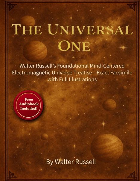 "The Universal One" von Walter Russell, goldener Text im Weltraum-Hintergrund mit Planeten und Sternen, Audiobook-Hinweis.