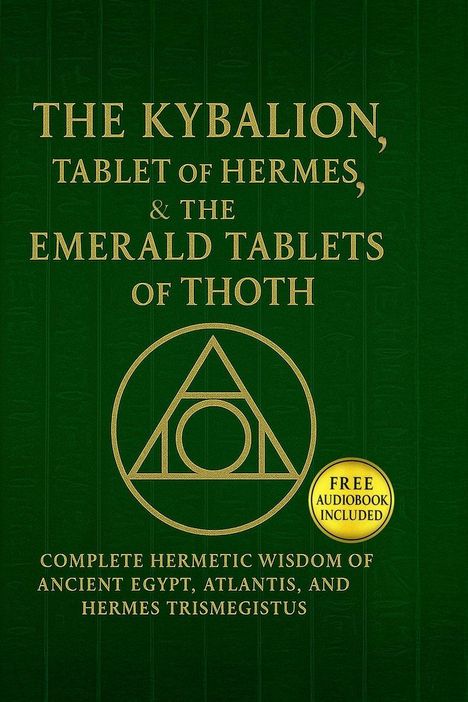 "THE KYBALION, TABLET OF HERMES & THE EMERALD TABLETS OF THOTH" auf grünem Hintergrund mit einem Symbol und rundem Sticker.