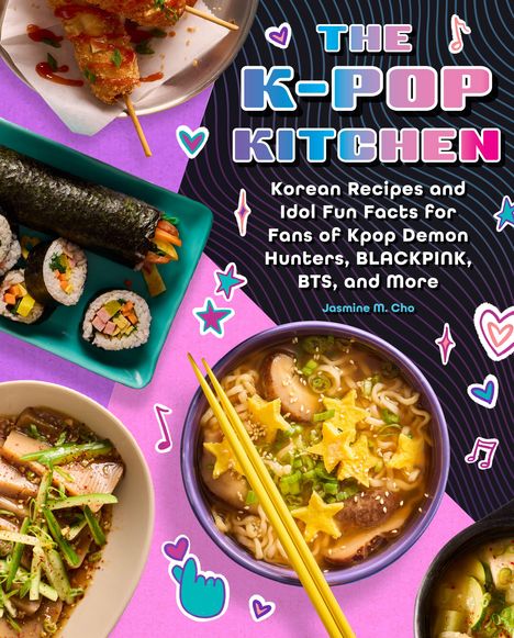 "The K-Pop Kitchen" - Koreanische Rezepte mit K-Pop-Thema, umgeben von bunten Speisen wie Sushi und Ramen.