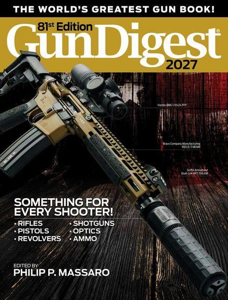 Texte: "The World's Greatest Gun Book!", "81st Edition Gun Digest 2027", "Something for Every Shooter!", "Edited by Philip P. Massaro". 

Ein Gewehr auf Holzuntergrund.