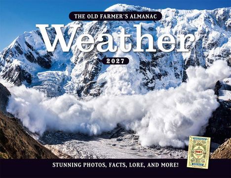 "The Old Farmer’s Almanac Weather 2027" steht oben. Schneebedeckte Berge mit einer Lawine im Vordergrund.