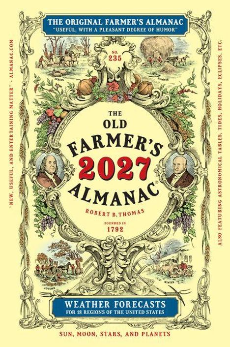 "The Old Farmer's 2027 Almanac" oben. "Weather Forecasts" unten. Vintage-Illustration mit Pflanzen und Porträts.