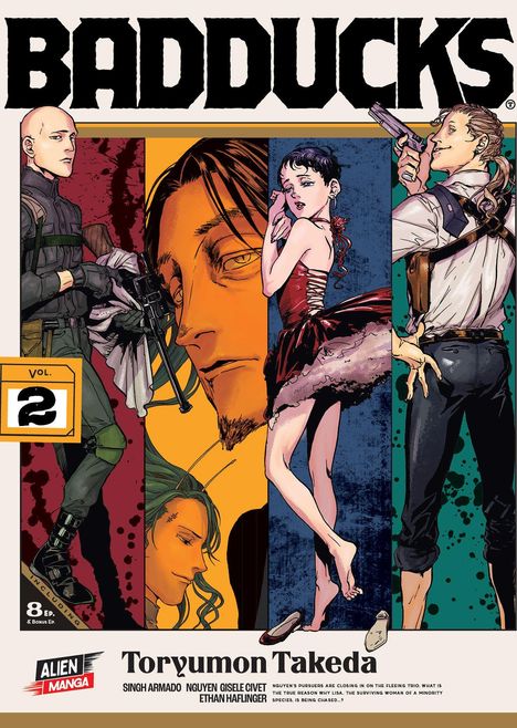 "BADDUCKS", "VOL. 2", "ALIEN MANGA", "Toryumon Takeda". Comic-Stil mit vier dynamischen Charakteren in verschiedenen Posen.
