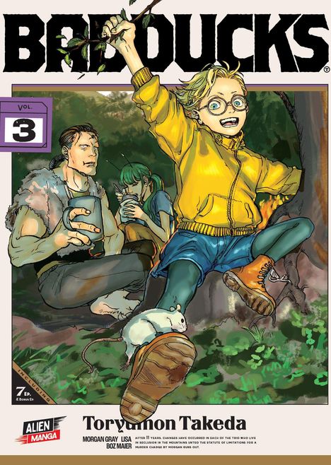 Text oben: "BAD DUCKS". Text links: "VOL. 3". Szene einer Gruppe: Eine Person in gelber Jacke springt.