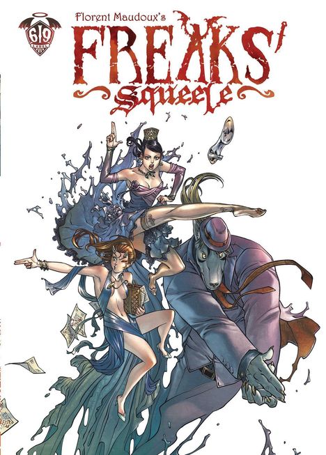 "Florent Maudoux's FREAKS' Squeele" steht zentral. Illustration: Drei stilisierte Figuren, eine in einem Wolfsanzug.
