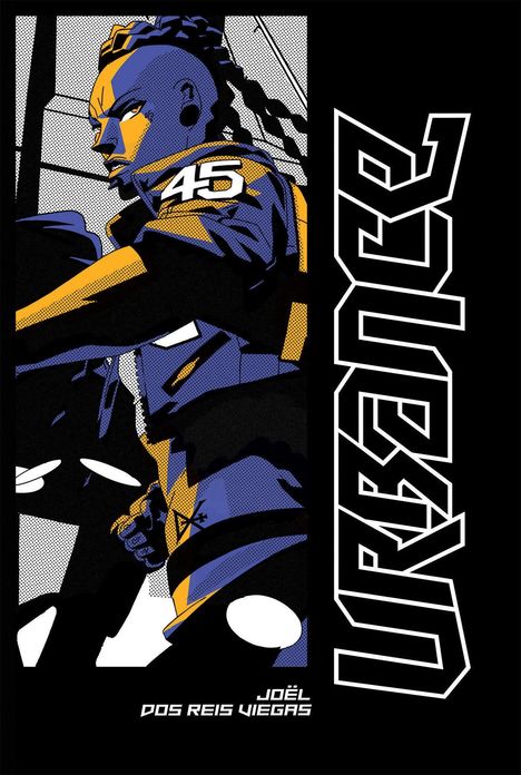 "URGENCE", "45". Illustration eines futuristischen Charakters in Blau und Orange mit Mohawk und Dreadlocks.