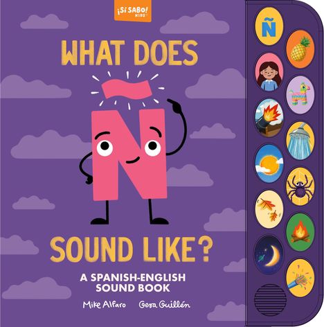 "What Does N Sound Like? A Spanish-English Sound Book". Das "N" ist als Cartoon mit Augen und Mund dargestellt.