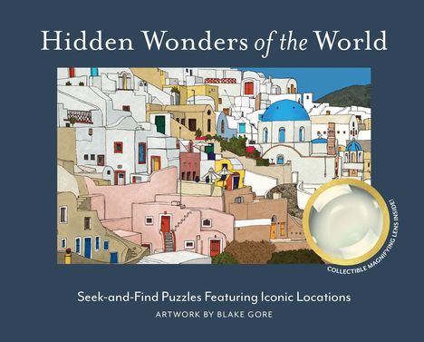 "Hidden Wonders of the World" oben, "Seek-and-Find Puzzles Featuring Iconic Locations" unten. Bunte Illustration einer griechischen Stadt.