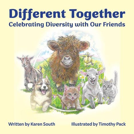Titel: "Different Together". Untertitel: "Celebrating Diversity with Our Friends". Illustration von Tieren, darunter eine Kuh.