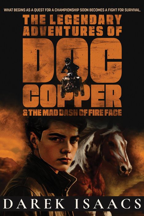 „THE LEGENDARY ADVENTURES OF DOC COPPER & THE MAD DASH OF FIRE FACE“ über motorisiertem Fahrer, Mann und Pferd.