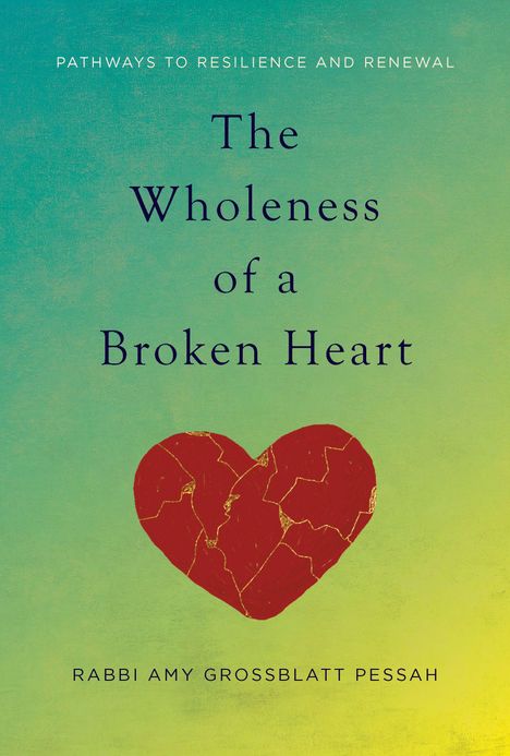 Text: "The Wholeness of a Broken Heart." Ein rotes, geflicktes Herz auf grünem Hintergrund.