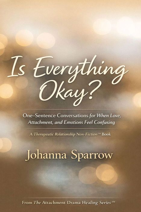 Is Everything Okay? Johanna Sparrow. Text auf unscharfem, goldbraunem Hintergrund mit Lichteffekten. Buchcover.