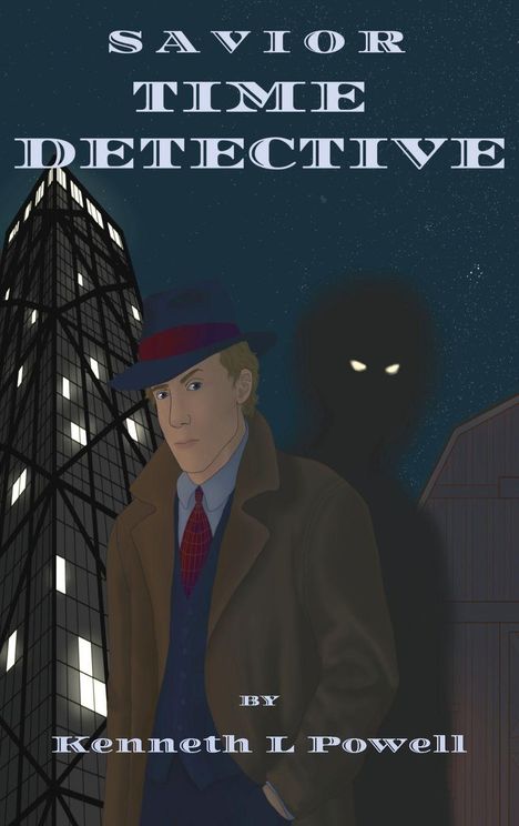 „Savior Time Detective“, Illustration eines Detektivs im Mantel und Hut vor einem hohen Gebäude bei Nacht.