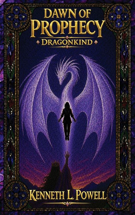 Titel: "Dawn of Prophecy: Dragonkind". Autor: Kenneth L. Powell. Lila Drache hinter einer schwebenden Person, kunstvoll eingerahmt.