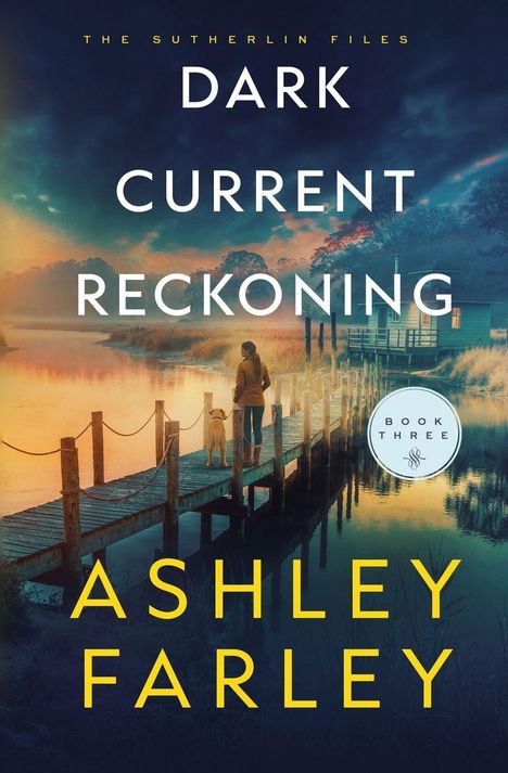 "DARK CURRENT RECKONING" von "Ashley Farley". Eine Person mit Hund auf einem Steg vor einem Haus am Wasser in der Dämmerung.