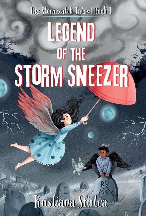 "Legend of the Storm Sneezer" steht im Zentrum. Links ein Mädchen mit Flügeln, rotem Schirm, rechts ein Junge auf einem Grabstein.