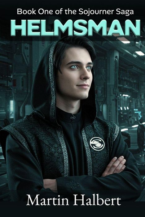 „Book One of the Sojourner Saga“, „HELMSMAN“, „Martin Halbert“. Eine Figur in einer futuristischen Umgebung trägt einen Umhang.