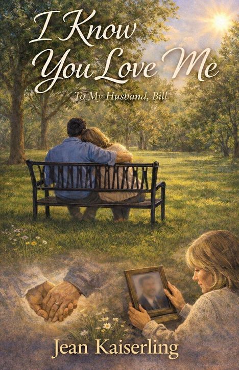 Titel: "I Know You Love Me", darunter "To My Husband, Bill". Unten steht "Jean Kaiserling". Illustration: Ein Paar auf einer Bank, Frau mit Foto.
