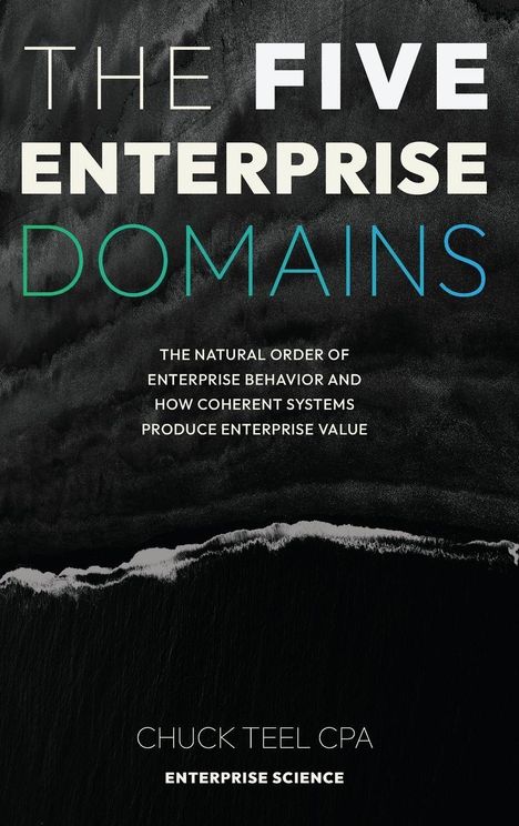 "The Five Enterprise Domains" von Chuck Teel CPA. Schwarz-weißes Design mit Küstentextur.