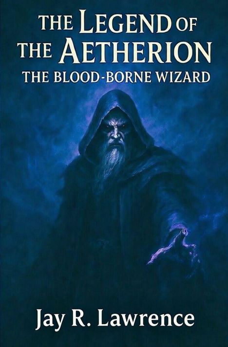 "The Legend of the Aetherion: The Blood-Borne Wizard. Jay R. Lawrence." Ein alter Mann mit Kapuze, leuchtende Augen.