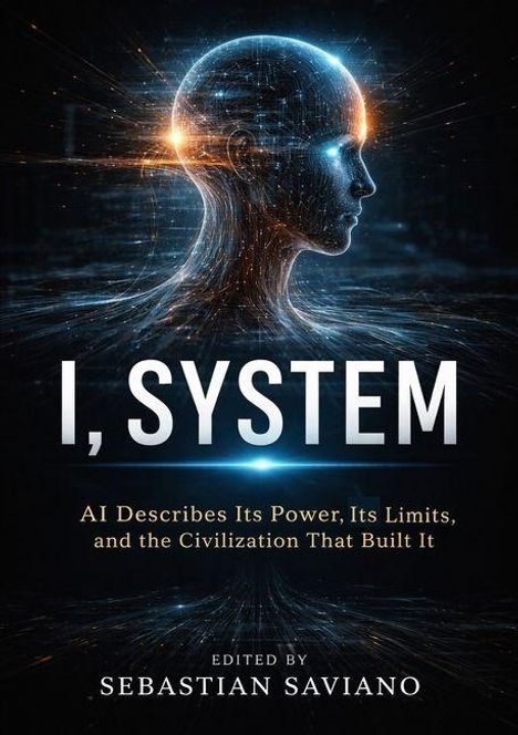 „I, SYSTEM“, „AI Describes Its Power, Its Limits, and the Civilization That Built It“, „Edited by Sebastian Saviano“. Kopf mit digitalem Design.