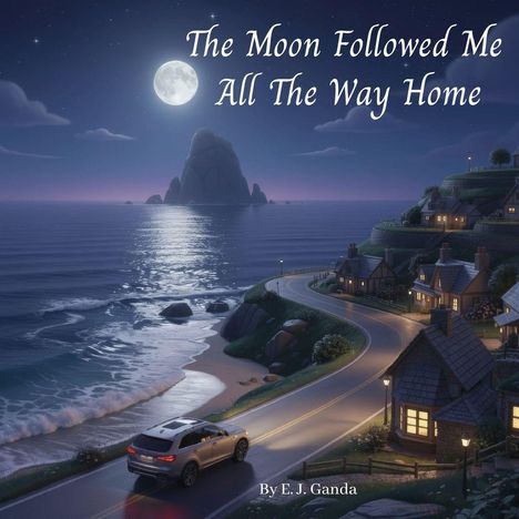 „The Moon Followed Me All The Way Home“ oben, „By E. J. Ganda“ unten. Nachtlandschaft mit Meer, Mond und Häusern.